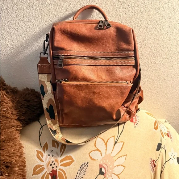 Vintage Tan vegan Leather Backpack with Patterned Strap - Picture 10 of 11
